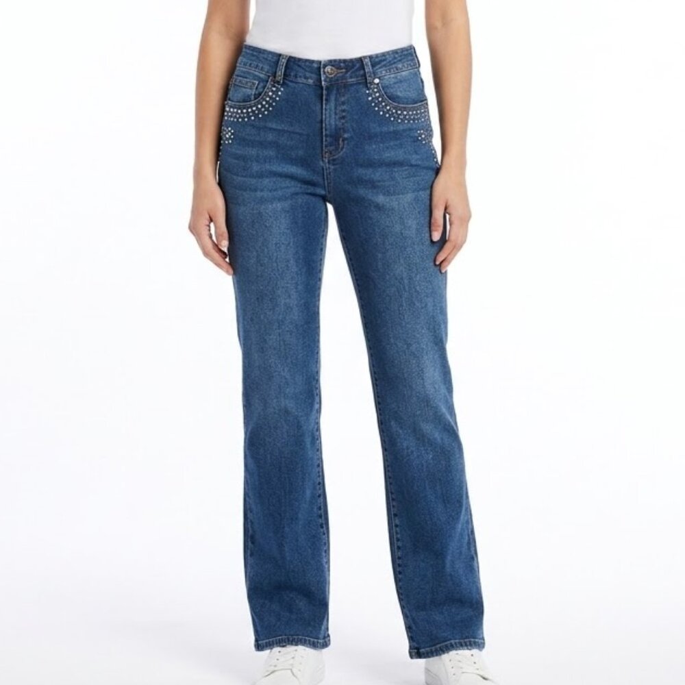 Baccini Y2K Rhinestone Flare Jeans Mid Rise Distressed Dark Wash Denim Sz 4
